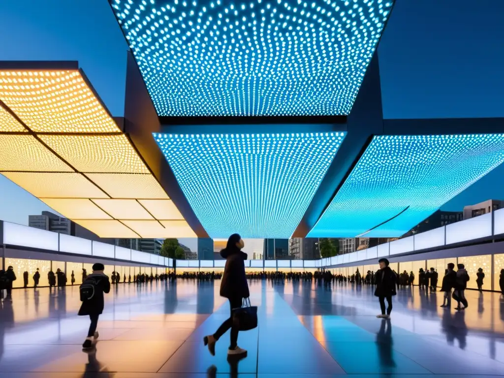 Instalación artística interactiva en una concurrida plaza de Corea del Sur, con luces, sonidos y movimiento