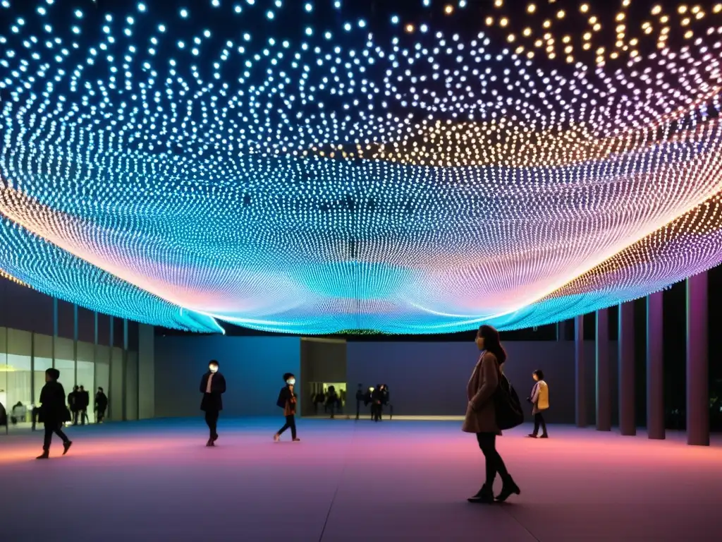 Instalación artística en Tokio con red de luces LED suspendidas, creando un ambiente etéreo en la bulliciosa ciudad japonesa