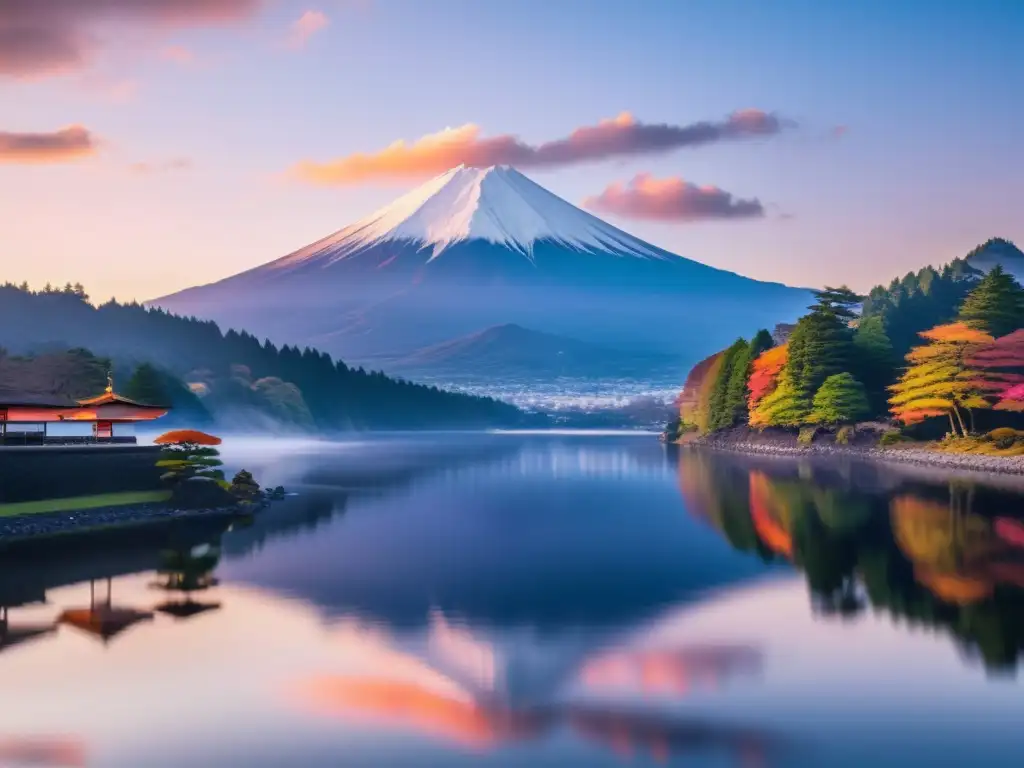 Ascensiones a montañas místicas orientales: majestuoso amanecer en el Monte Fuji, con picos nevados y paisaje sereno reflejado en un lago tranquilo