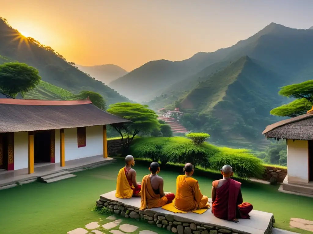 Un ashram sereno en los Himalayas, donde se practica La NoDualidad en el Advaita Vedanta, iluminado por el sol poniente