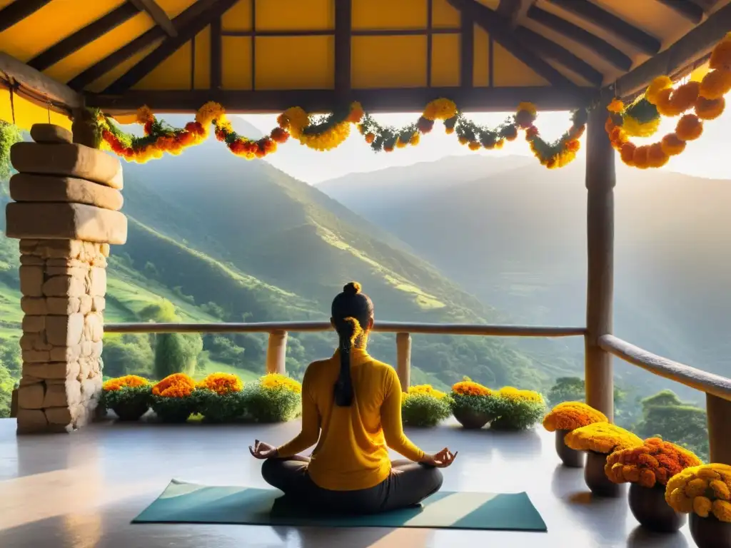 Un ashram de yoga antiguo en los Himalayas, con yoguis practicando asanas al atardecer