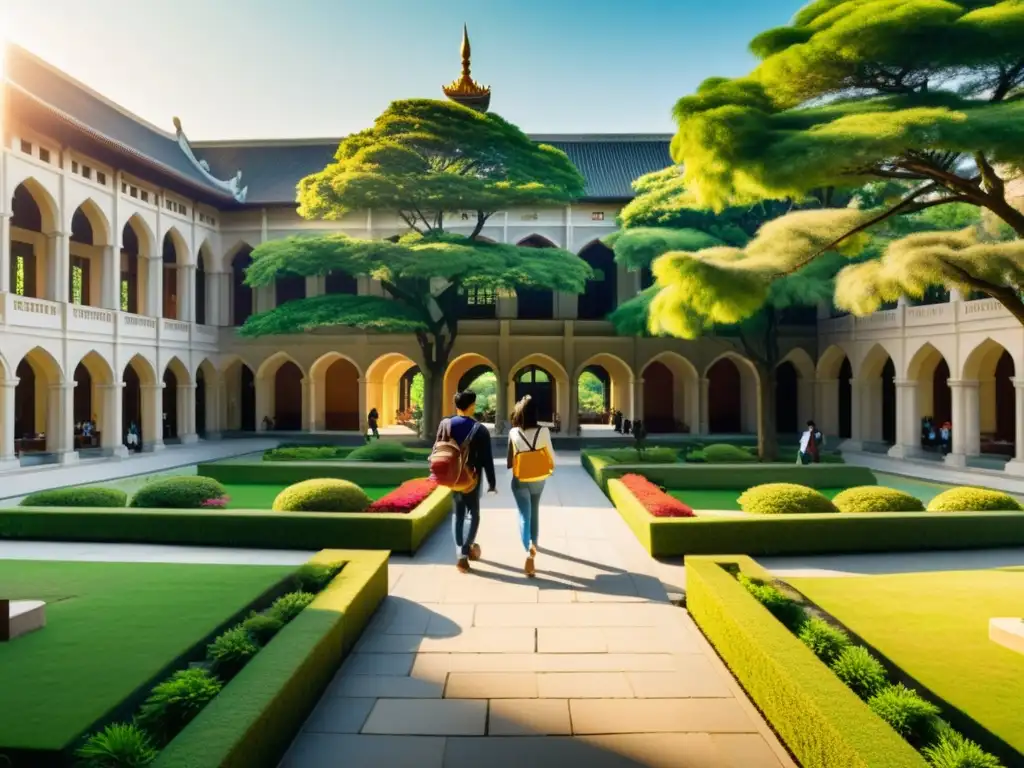 Universidad asiática con arquitectura tradicional y moderna, jardines exuberantes y estudiantes animados