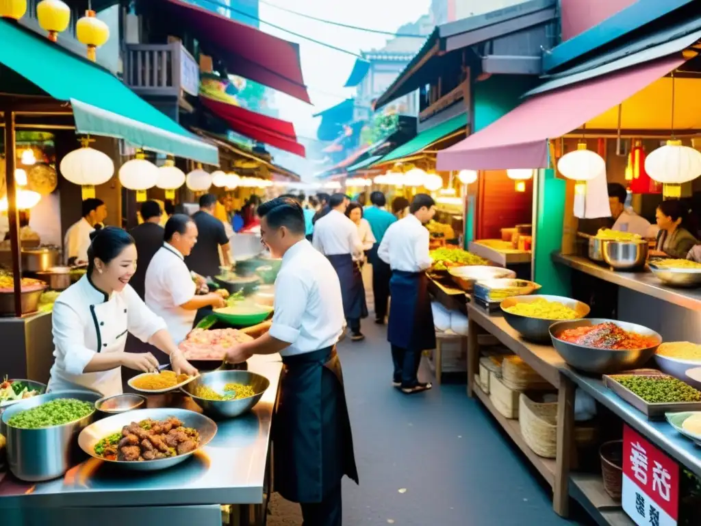 Expansión gastronomía gourmet asiática en bulliciosa calle asiática llena de coloridos puestos de comida y clientes disfrutando de delicias culinarias