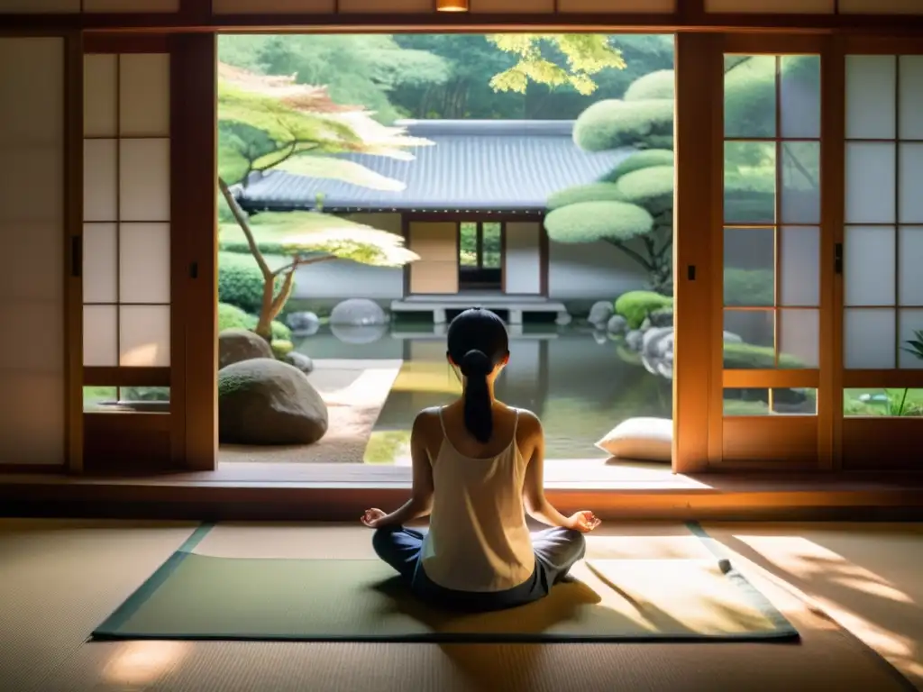 Meditación asiática: Persona en meditación, luz suave, jardín japonés tranquilo, paz interior y serenidad