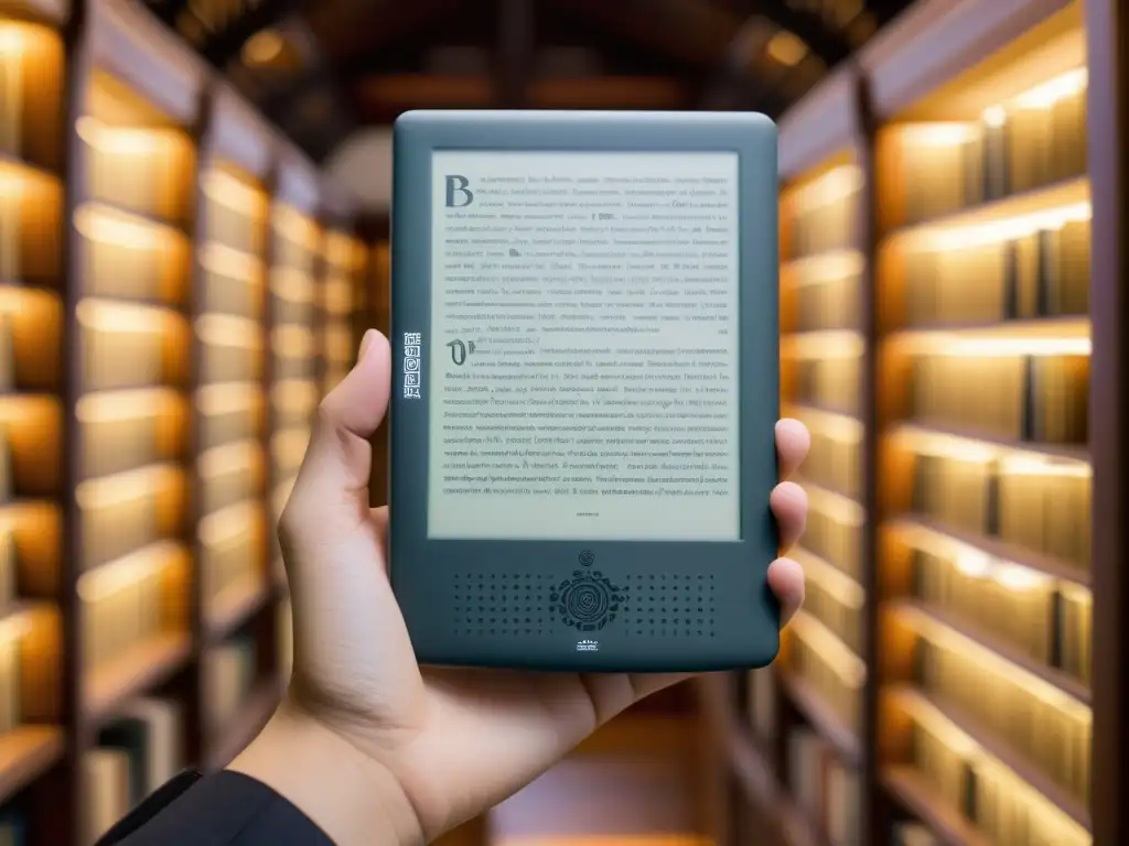 Un EReader asiático se destaca en una antigua biblioteca, fusionando tradición literaria con tecnología moderna