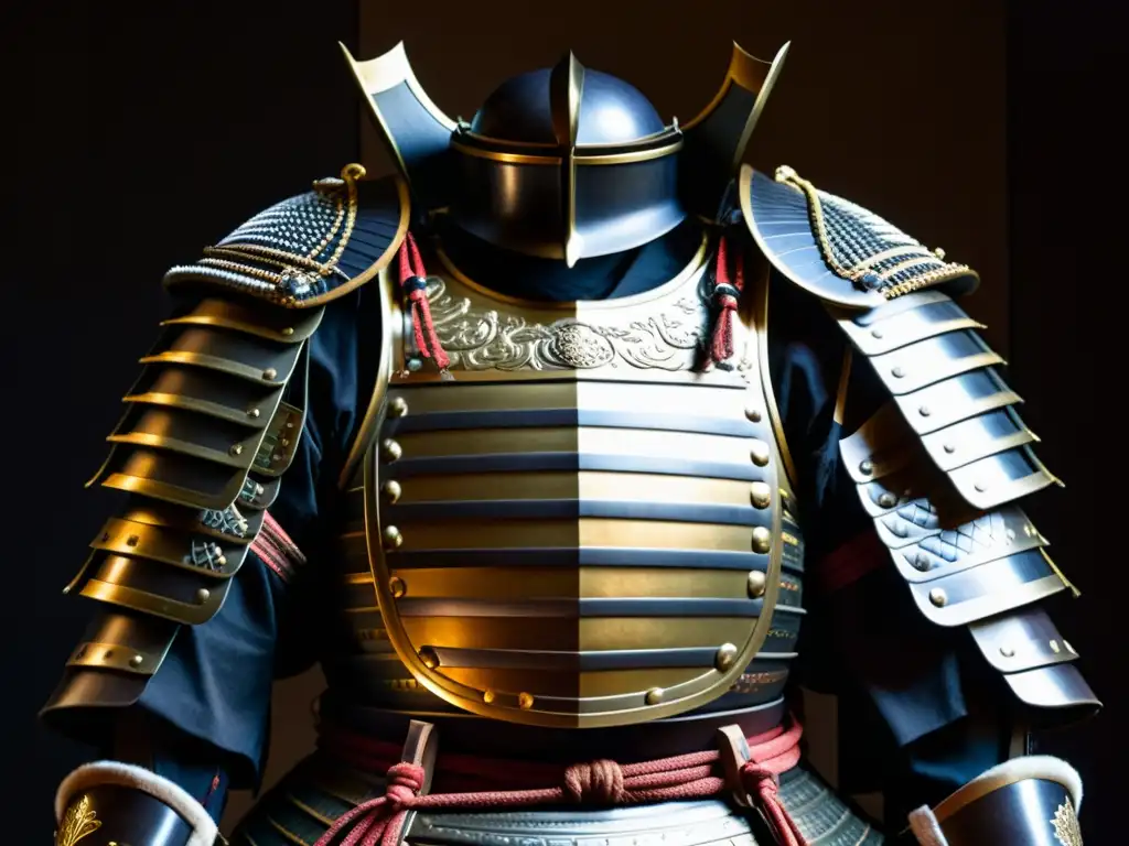 Una asombrosa armadura samurái, detallada y envejecida, destaca la historia guerrera samurái Japón con su intrincado metal y dramática iluminación