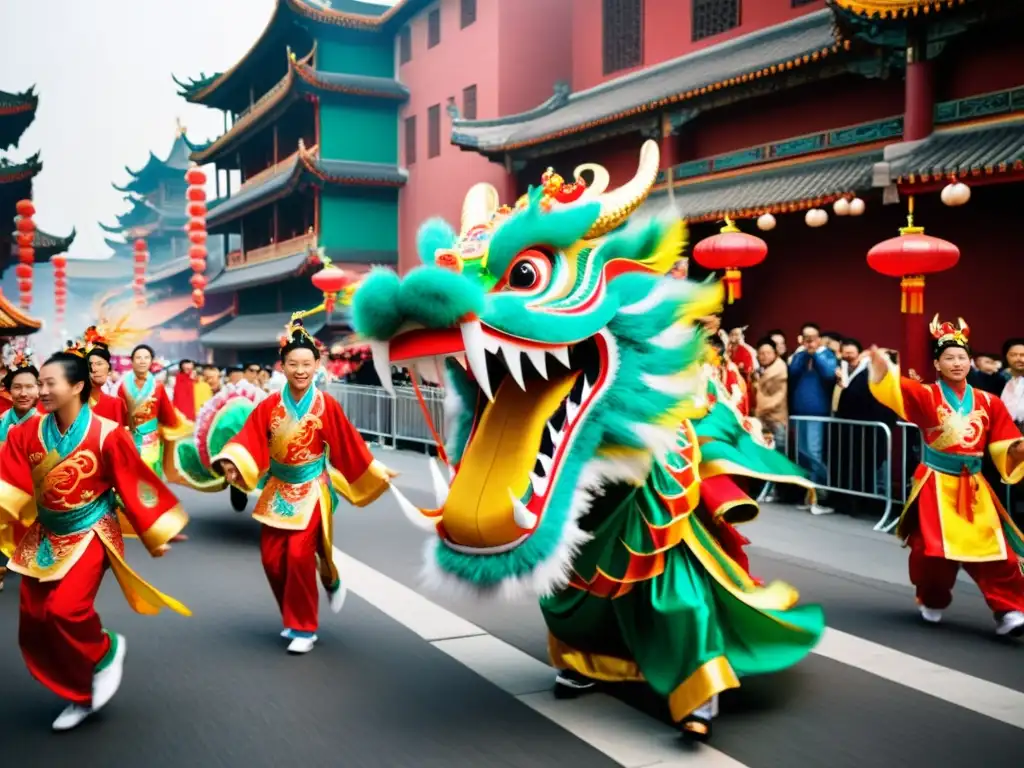 Un asombroso desfile de la danza del dragón asiática para ejercicio, llena de colores y energía, en las bulliciosas calles de la ciudad