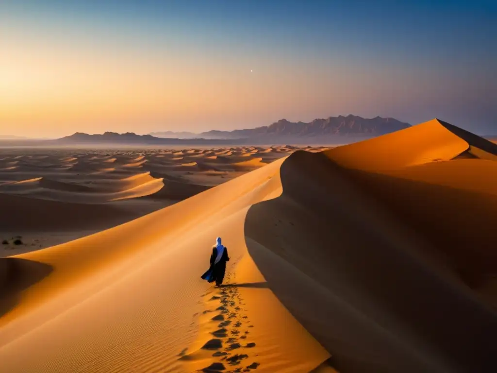 Un atardecer dorado en el desierto, con un figura solitaria contemplando la vastedad