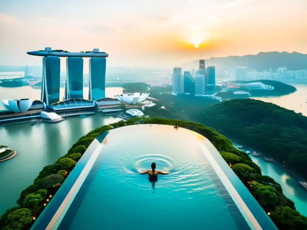 Atardecer en Marina Bay Sands, con su icónica piscina infinita y el horizonte de Singapur