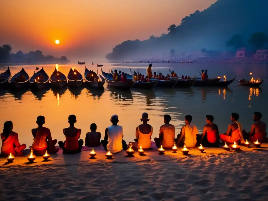 Práctica de tantra al atardecer a orillas del Ganges, evocando transformación espiritual