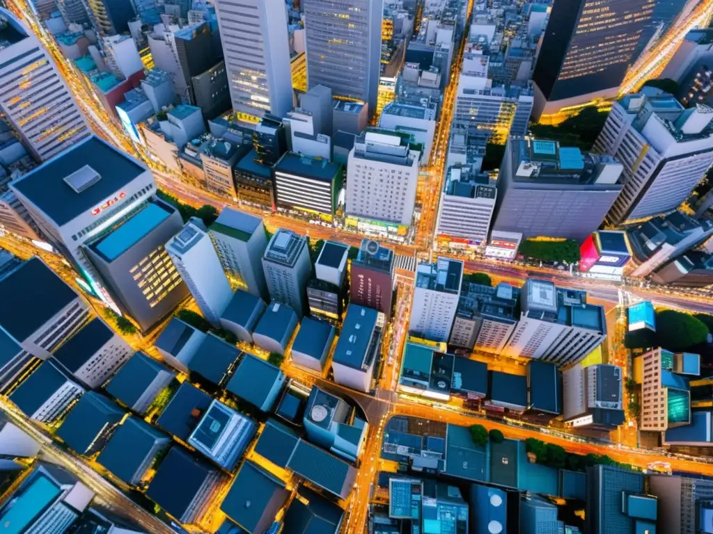 Un atareado paisaje urbano de Tokio durante la hora punta, con rascacielos, letreros de neón y calles llenas