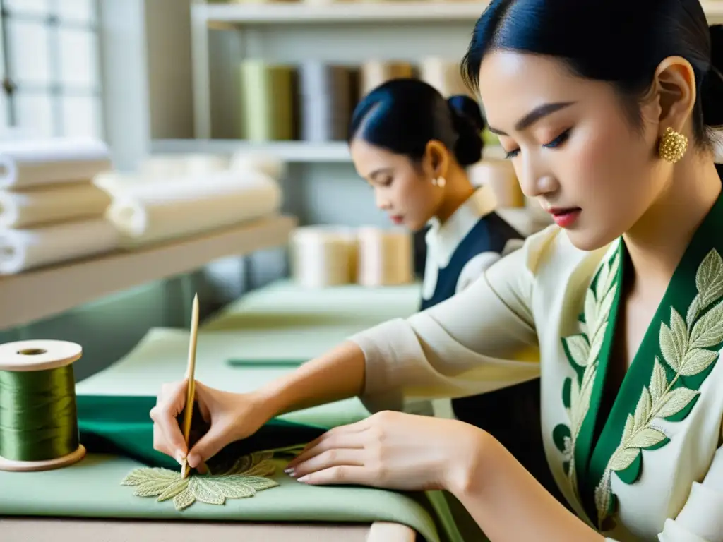 Un atelier de moda de lujo asiática sostenible, con artesanos creando prendas haute couture en armonía con la naturaleza