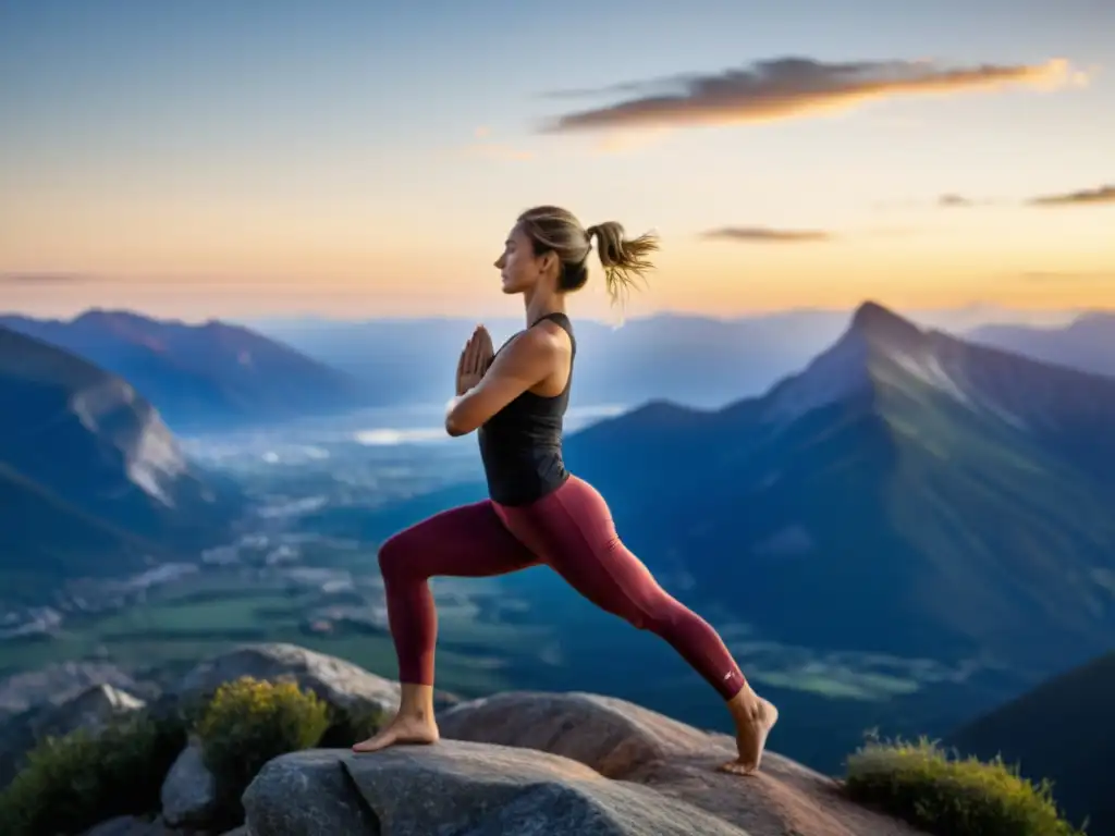 Un atleta realiza una pose de yoga en la cima de una montaña al amanecer, destacado por la luz dorada