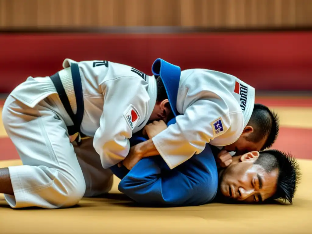 Dos atletas de judo en plena lucha, mostrando la evolución del judo en competiciones con su fuerza y destreza palpables en cada movimiento