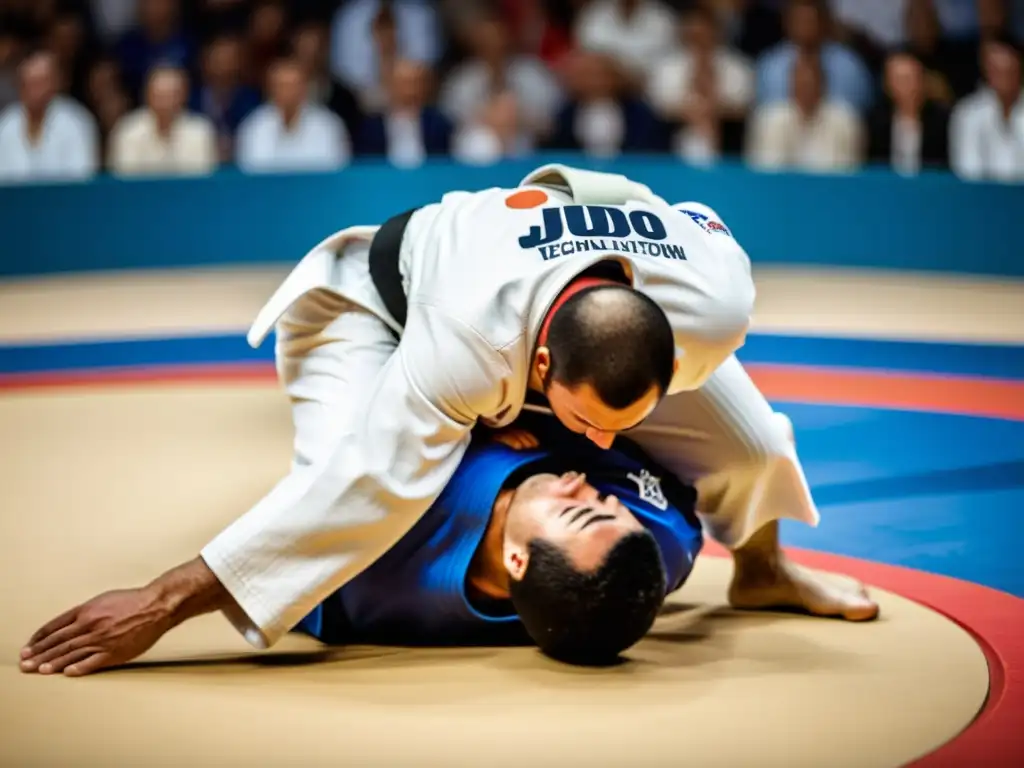 Dos atletas en pleno combate de judo en una arena llena, reflejando la intensidad y la evolución del judo en competiciones internacionales