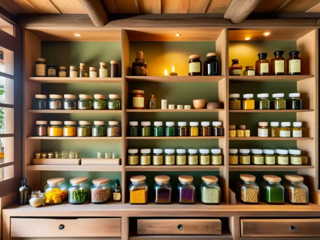 Tradiciones asiáticas: apotecario de belleza halal Una atmósfera cálida inunda la imagen de una tienda de hierbas asiática tradicional, con estantes de madera llenos de productos naturales