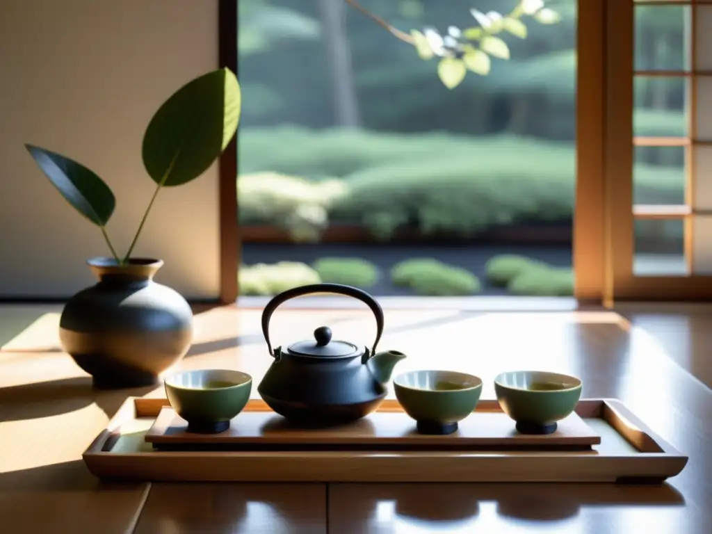 'Atmósfera serena con ceremonia del té japonés en una habitación iluminada por el sol