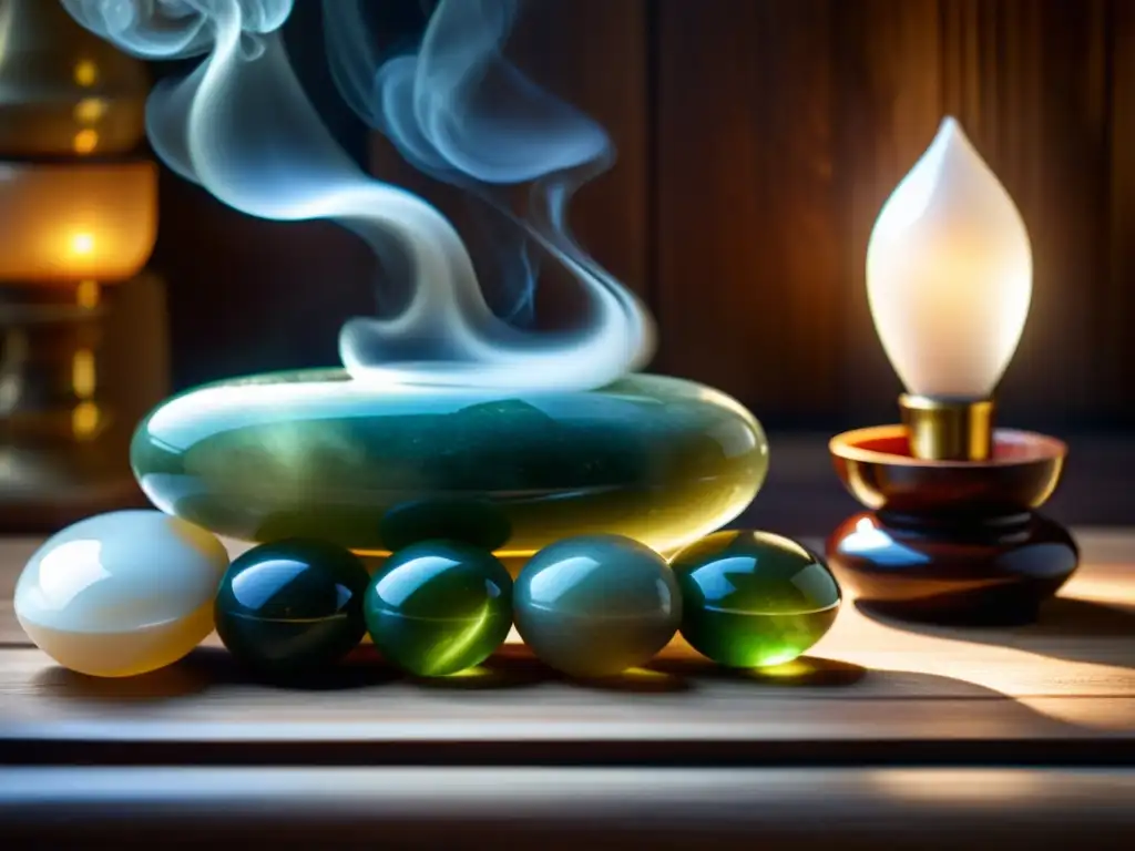 Una atmósfera tranquila con herramientas de jade y humo de incienso, resaltando los beneficios del uso del jade en rituales de belleza contemporáneos