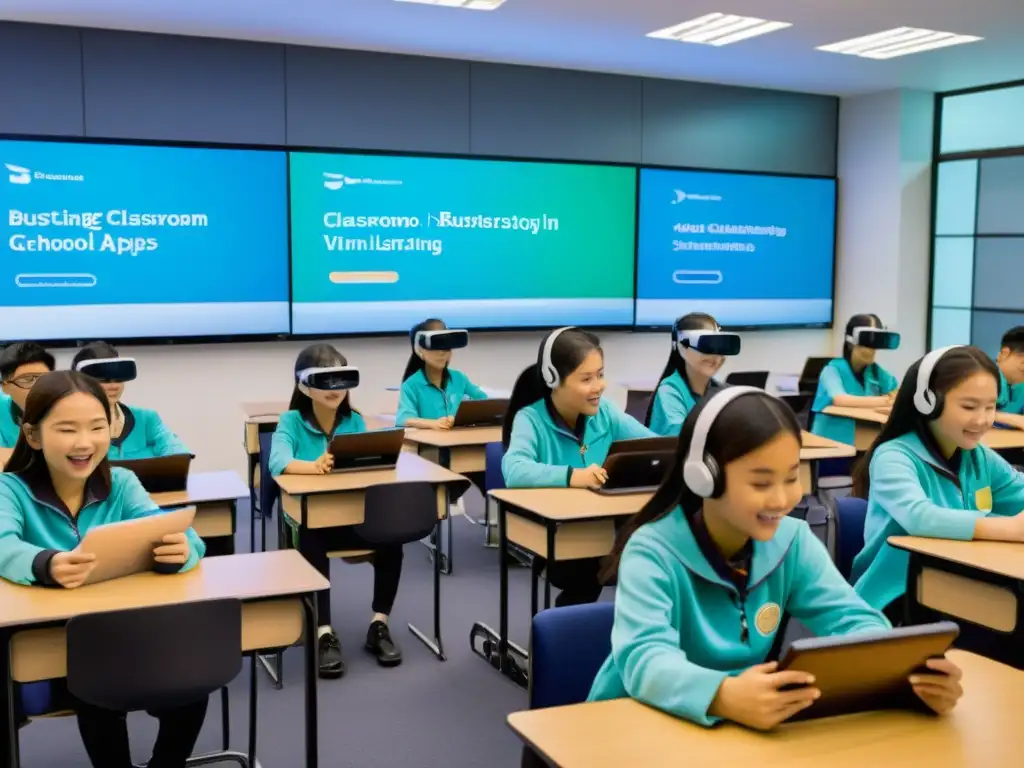 En un aula asiática, estudiantes usan tecnología de vanguardia para aprender en un ambiente dinámico e inmersivo