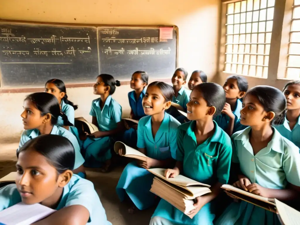 Una aula bulliciosa en una escuela rural de Bangladesh, con estudiantes atentos en el suelo y un maestro entregado