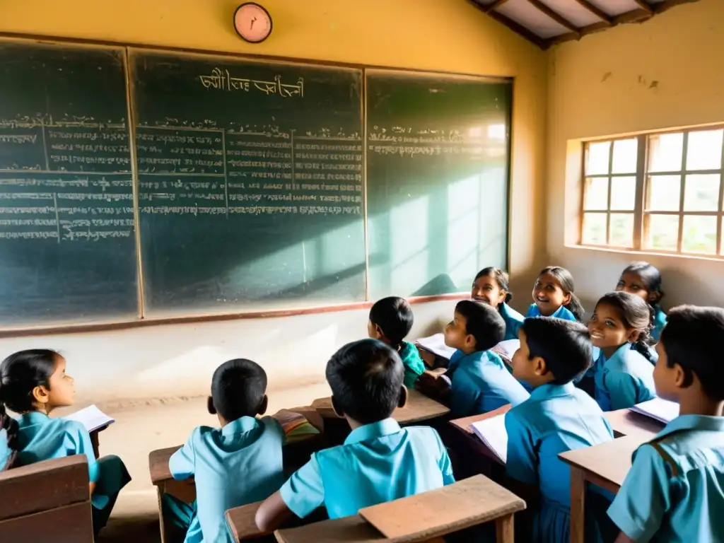 Una aula bulliciosa en una escuela rural de Bangladesh, con estudiantes participando en actividades grupales y maestros facilitando discusiones