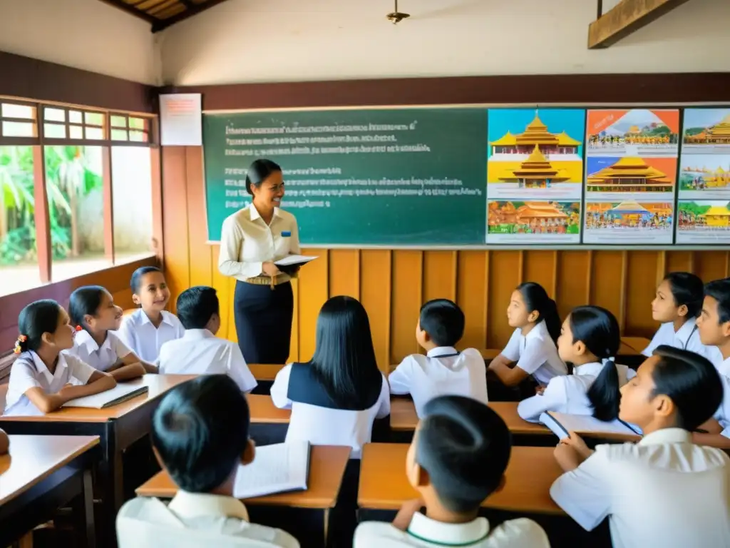 Una aula bulliciosa en Indonesia con enseñanza diversa y estudiantes de diversos orígenes culturales, inmersos en el vibrante ambiente de aprendizaje