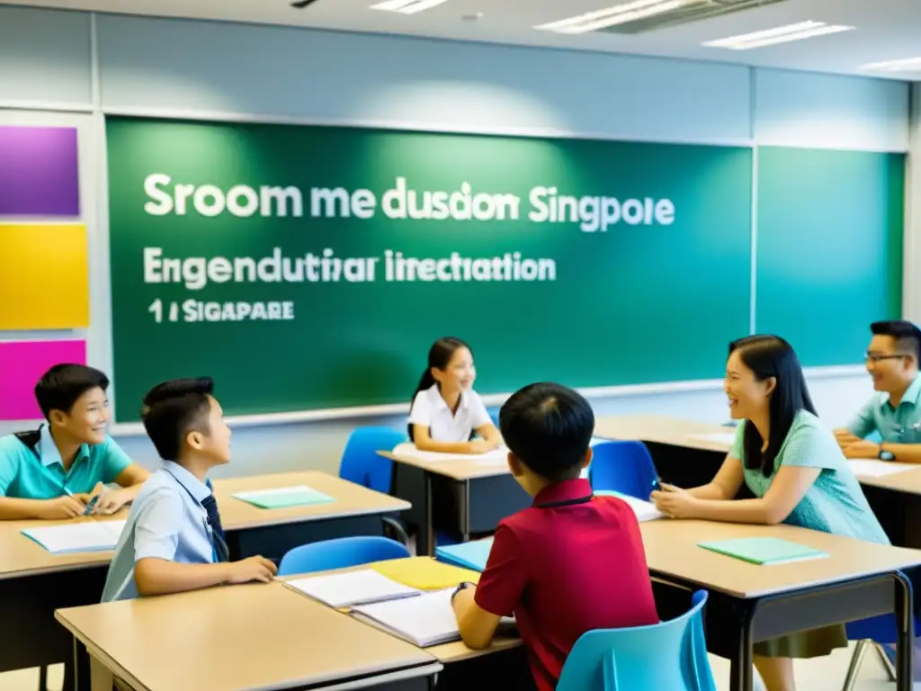 Un aula bulliciosa en Singapur, destacando la interactividad y participación de los estudiantes