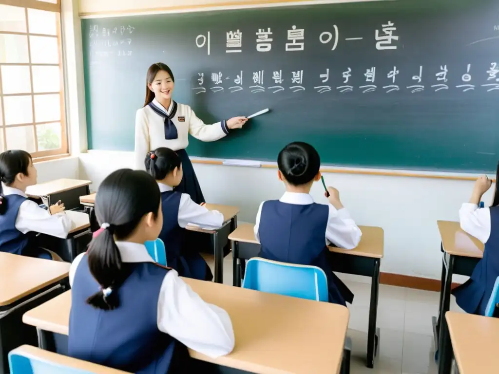 Un aula en Corea del Sur, estudiantes disciplinados y atentos con el profesor, libros y pizarrón