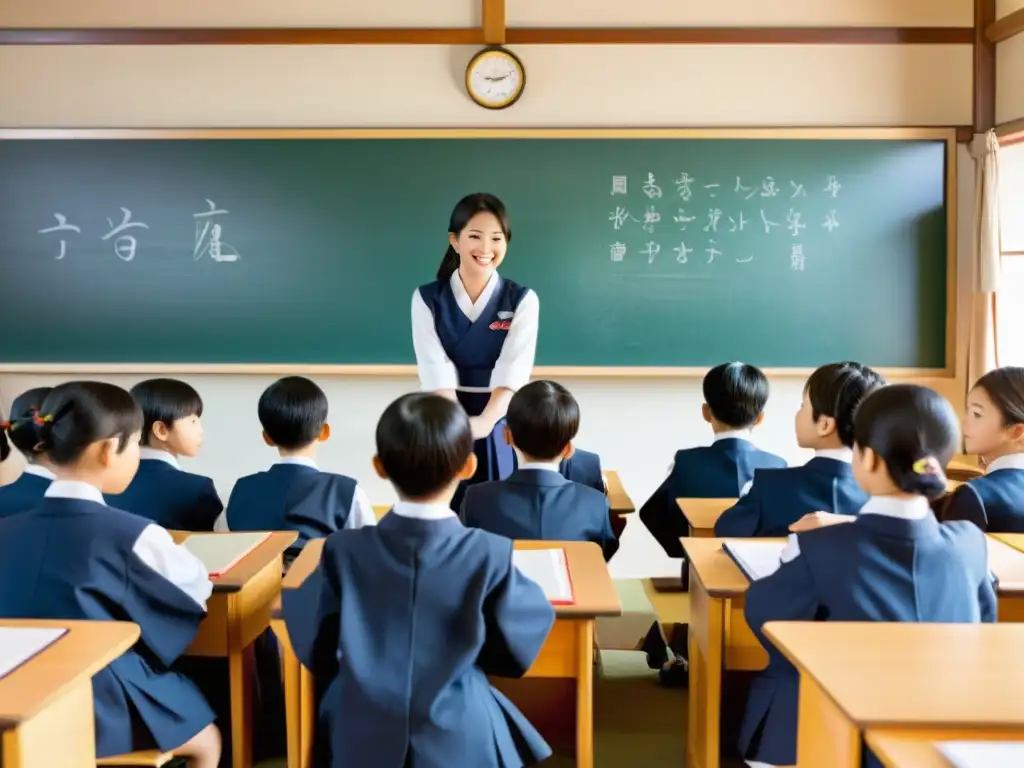 Una aula japonesa tradicional con estudiantes uniformados participando en un juego educativo, reflejando la innovación en las universidades japonesas