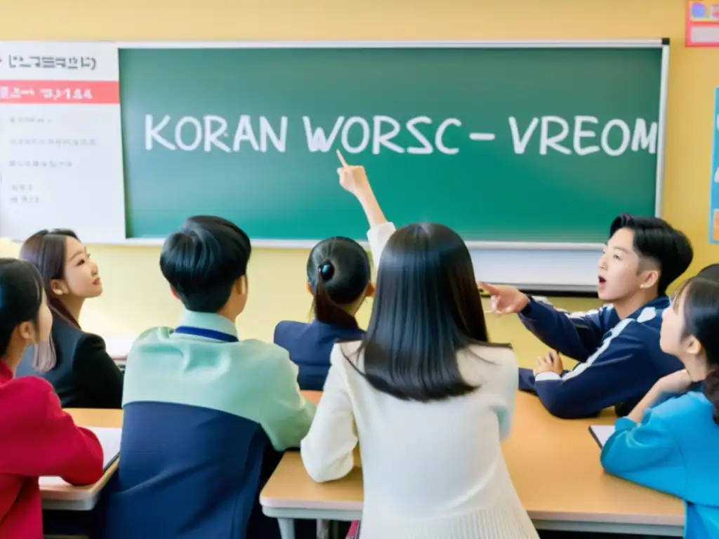 Un aula llena de estudiantes entusiastas, aprendiendo coreano con KPop mientras el profesor enseña en la pizarra