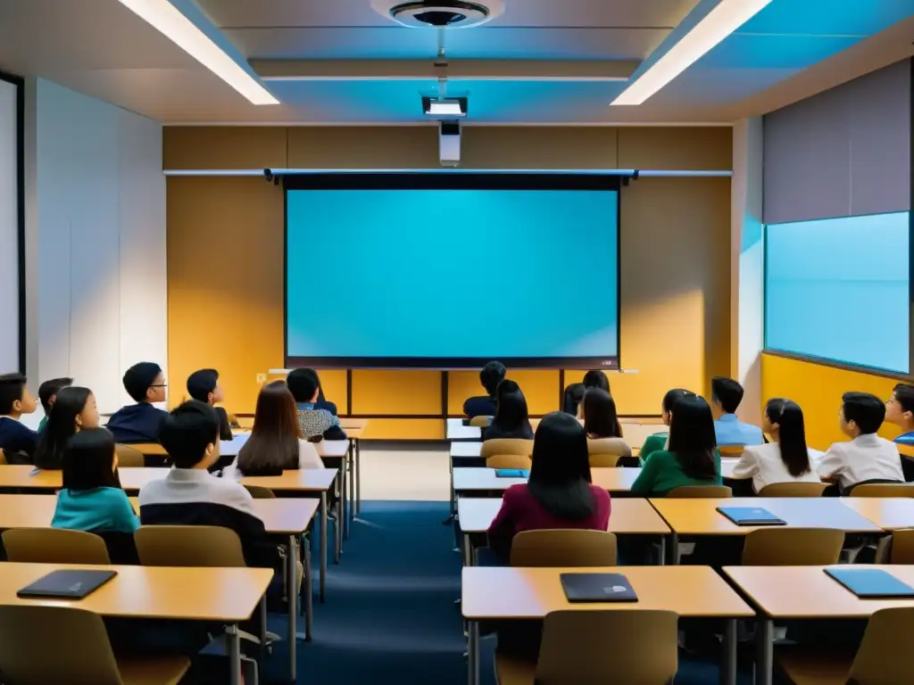 Un aula moderna iluminada con un mini proyector japonés transformando el espacio educativo en una experiencia interactiva y envolvente