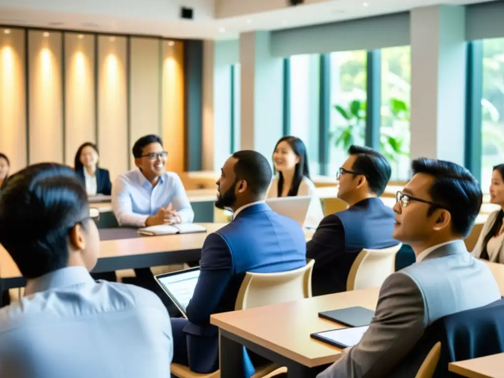 Vibrante intercambio de ideas en aula de MBA en Asia Un aula moderna en Asia, llena de luz natural, donde estudiantes y profesores debaten