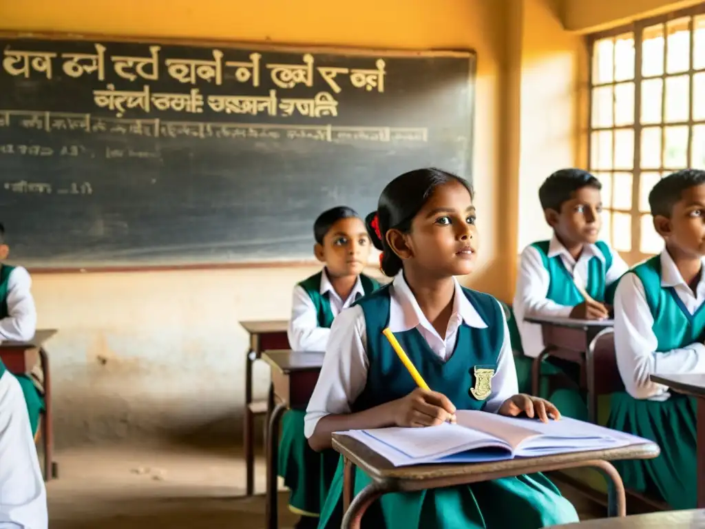 En un aula rural de Bangladesh, estudiantes atentos escuchan a su apasionado maestro, rodeados de material educativo colorido