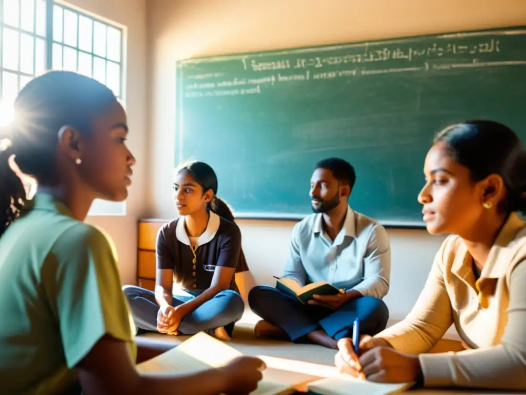 Una aula serena con estudiantes y un profesor discutiendo las Enseñanzas de la Filosofía Advaita entre libros y materiales educativos, bañados por la cálida luz del sol