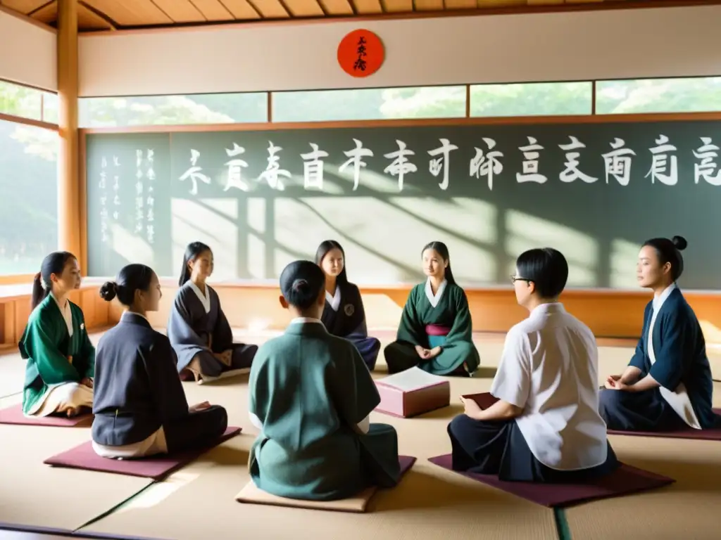 Un aula serena iluminada por el sol con estudiantes inmersos en debates profundos y un maestro sosteniendo el Tao Te Ching