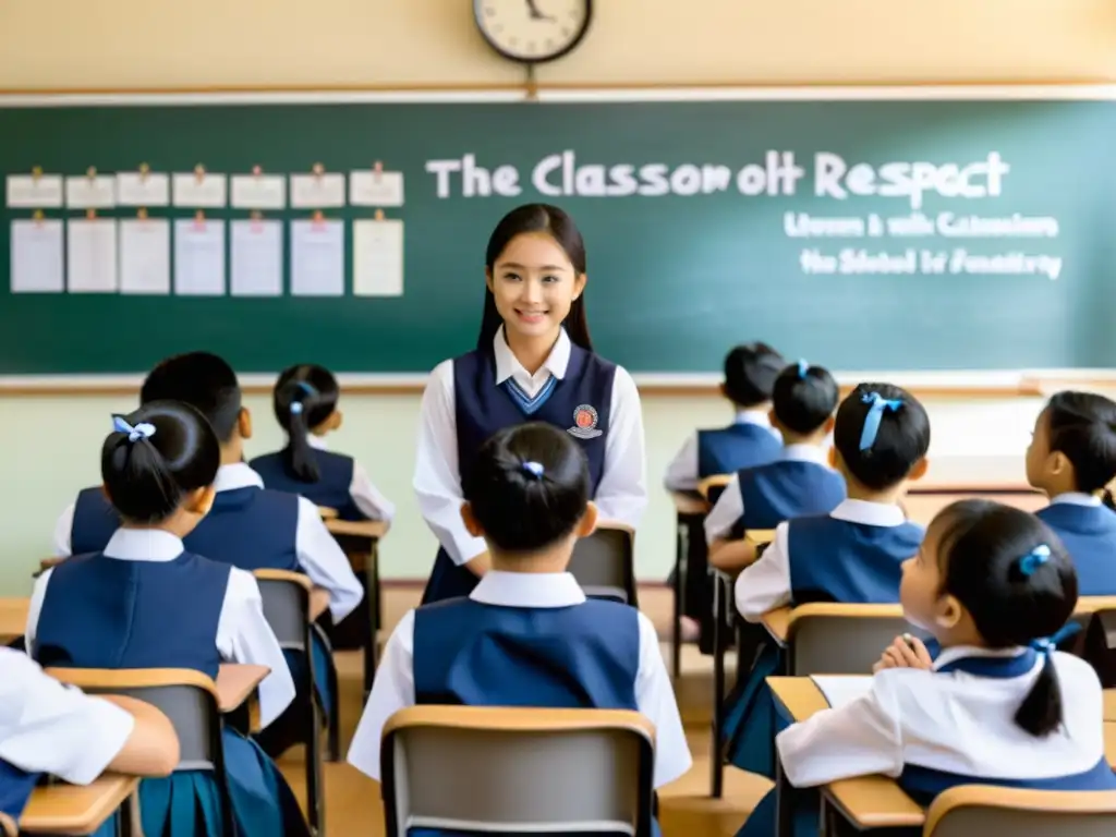 Una aula tradicional asiática con estudiantes disciplinados y un ambiente académico respetuoso