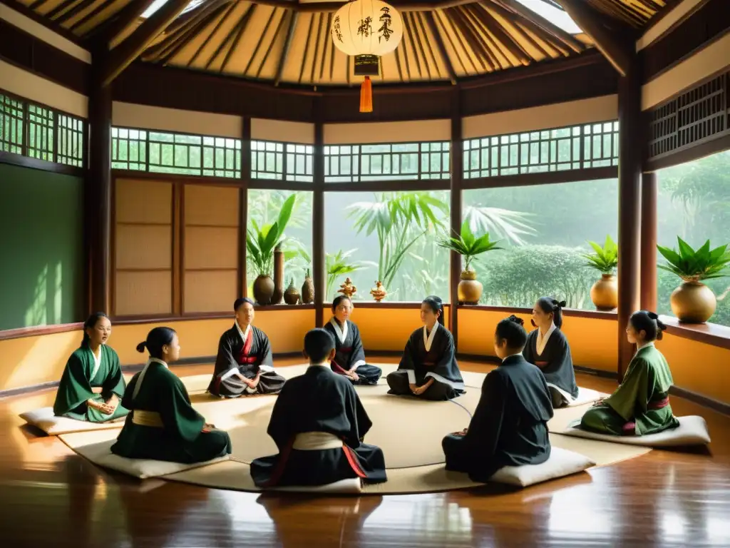 Aula tranquila iluminada por luz natural con estudiantes y maestro enseñando principios del taoísmo en un ambiente armonioso