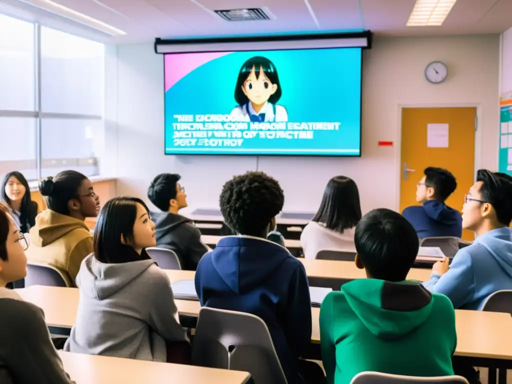 Un aula vibrante con estudiantes entusiasmados viendo anime en clase