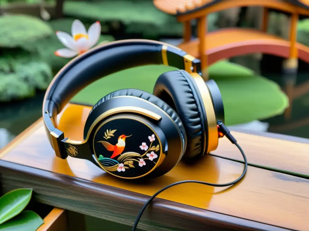 Unos auriculares de cancelación de ruido con arte asiático en un jardín japonés tranquilo, fusionando tecnología y tradición