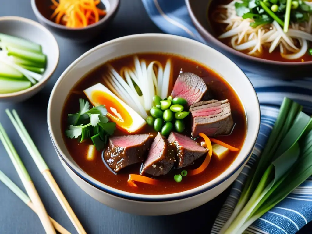 Una representación auténtica y acogedora de la sopa picante coreana Yukgaejang, con su rico caldo rojo, tiernos trozos de carne y variadas verduras, sobre un fondo de tela tradicional coreana, emanando calidez y confort