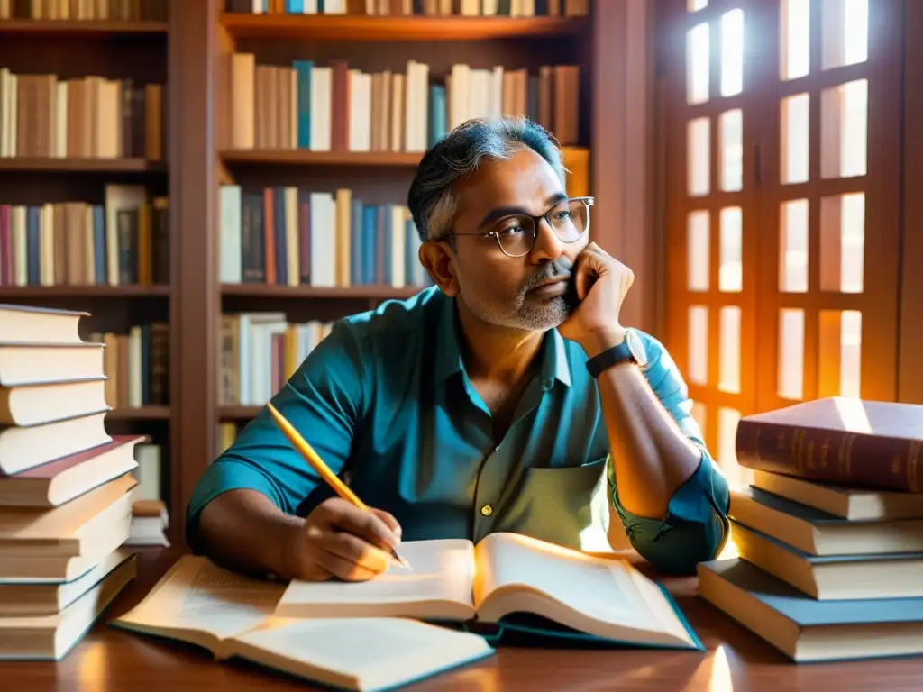 Un autor contemporáneo indio reflexiona en su estudio, rodeado de libros y textos mitológicos, fusionando modernidad literaria con la antigua India