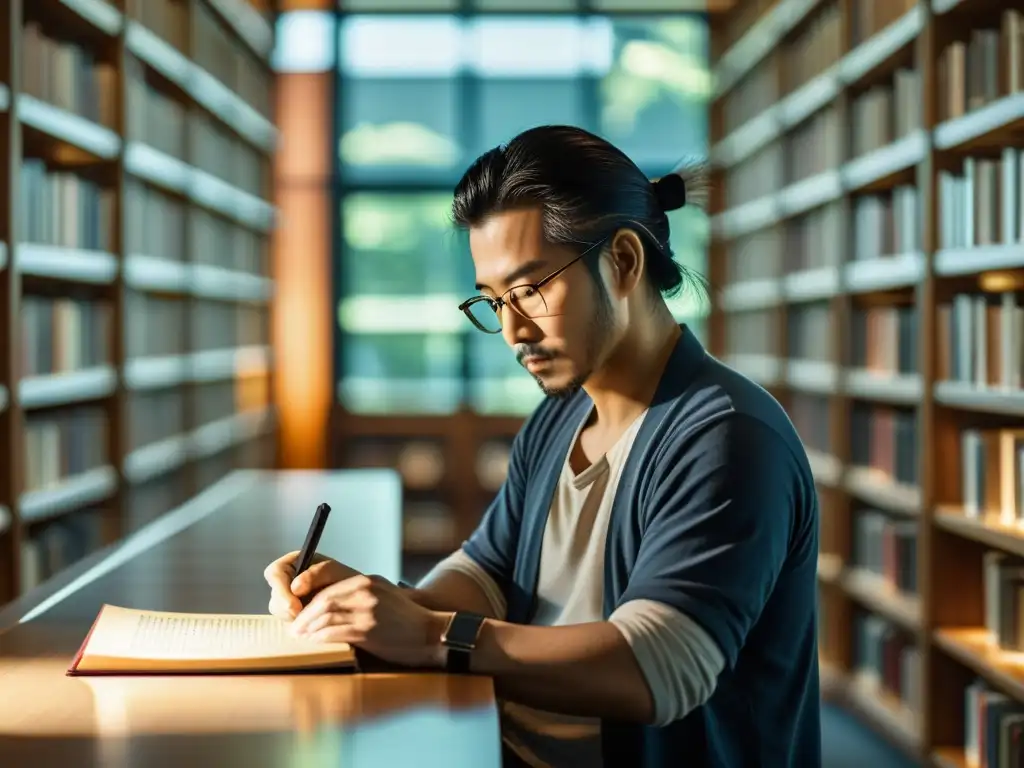 Un autor contemporáneo estudia un pergamino samurái en una biblioteca moderna, bañado por cálida luz natural