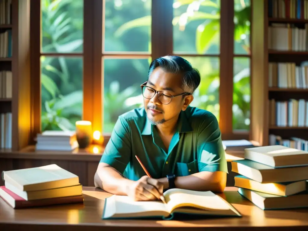 Un autor malayo contemporáneo se sumerge en la escritura en un jardín, rodeado de libros