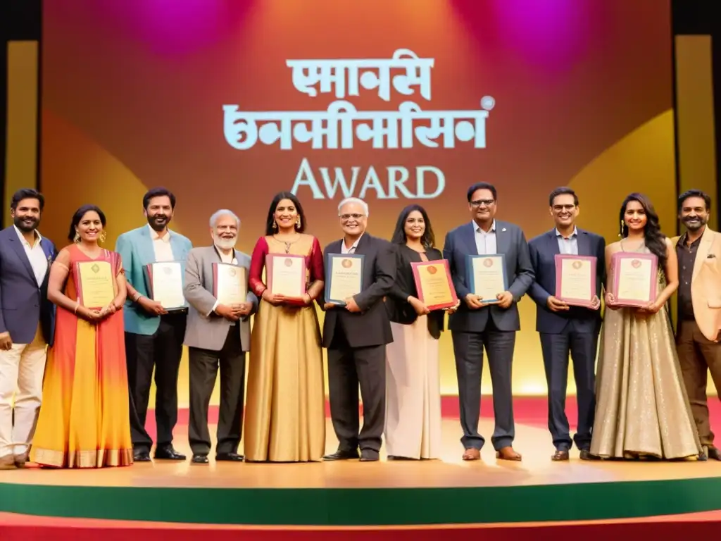 Autores premiados de la India en ceremonia de premios literarios destacados, en escenario colorido y cultural, con expresiones de orgullo y alegría