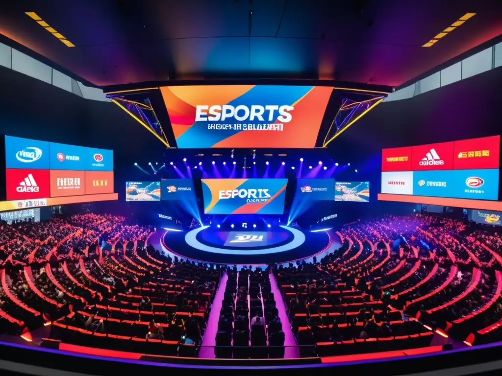 Avances tecnológicos en transmisión eSports Asia: Una arena de eSports llena de energía, con pantallas LED de última generación y una audiencia diversa y apasionada, creando una atmósfera vibrante y futurista