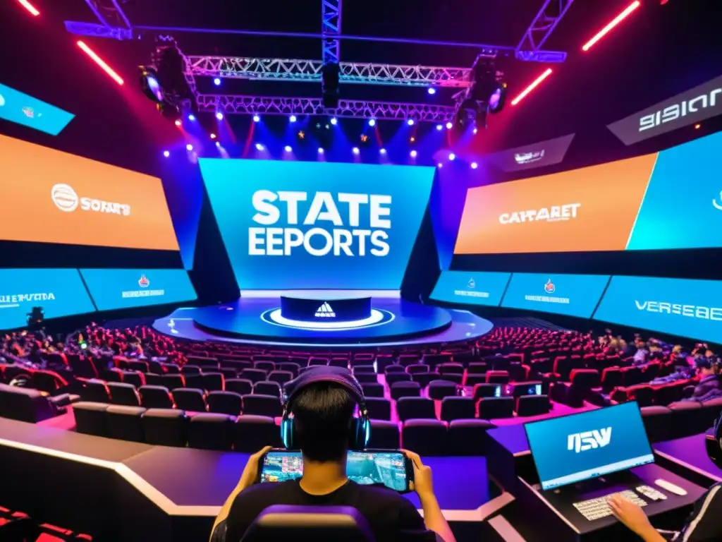 Avances tecnológicos en transmisión eSports Asia: Una arena de eSports de última generación en Asia, llena de pantallas LED vibrantes y jugadores profesionales compitiendo en un escenario futurista, mientras el público con visores de realidad virtual disfruta del intenso juego en pantallas de 8K