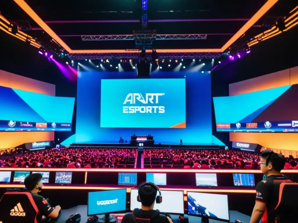 Avances tecnológicos en transmisión eSports Asia: vibrante arena de eSports en Asia, con espectadores, jugadores y tecnología de vanguardia