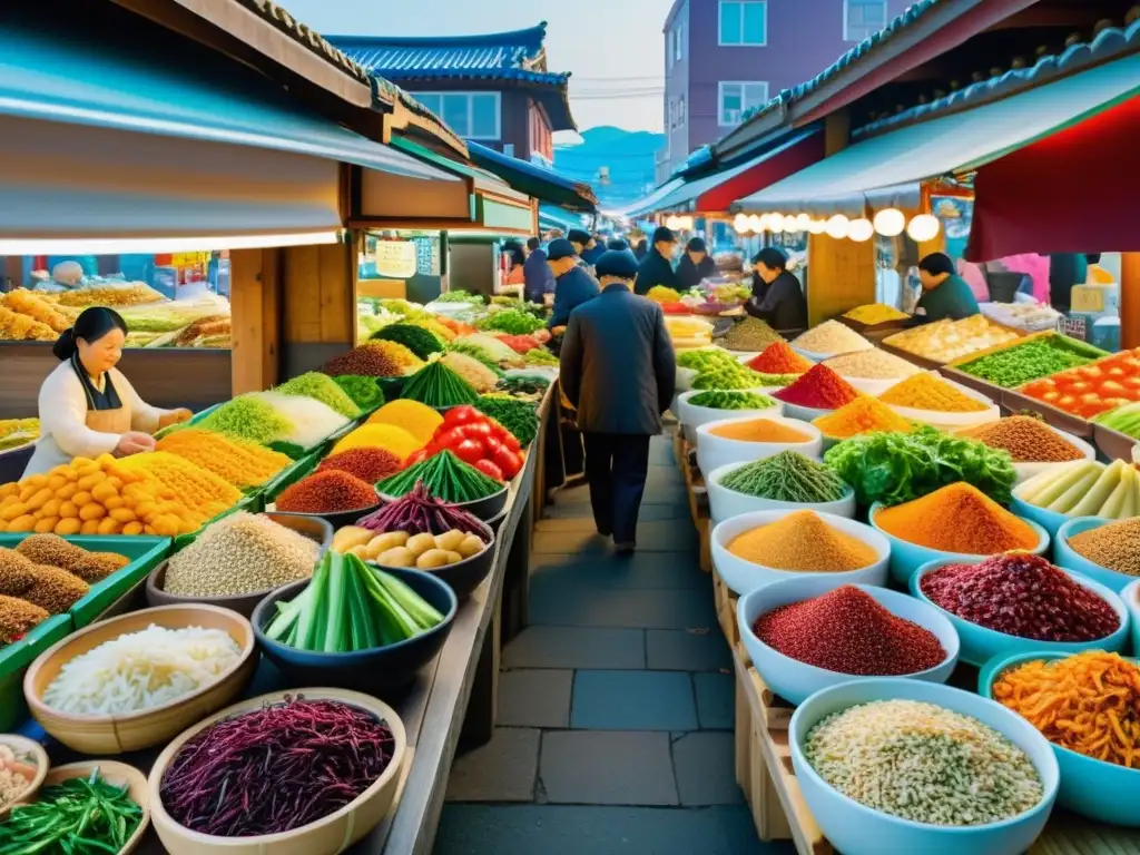 Una aventura gourmet en un bullicioso mercado coreano con ingredientes frescos y coloridos, representando la diversidad de la cocina coreana exclusiva