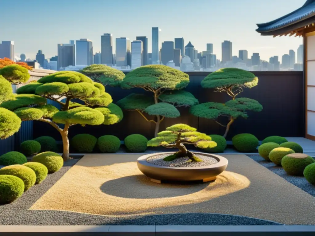 Un jardín zen en azotea urbana con bonsáis, grava y skyline de fondo, irradiando paz y armonía