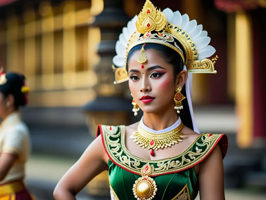 Una bailarina balinesa con traje ceremonial en medio de una danza, destacando la rica tradición de los trajes ceremoniales de los dioses en Bali